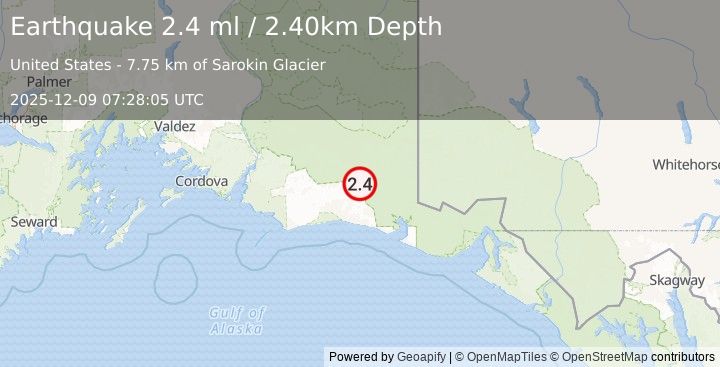 Earthquake 108 km SSE of McCarthy, Alaska (2.4 ml) (2025-12-09 07:28:05 UTC)