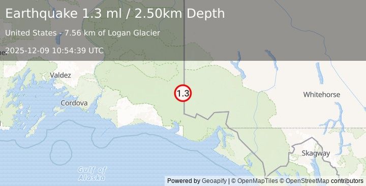 Earthquake 126 km SE of McCarthy, Alaska (1.3 ml) (2025-12-09 10:54:39 UTC)