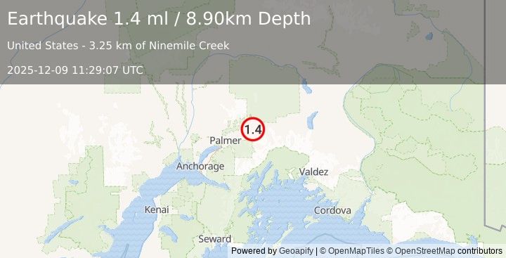 Earthquake 11 km ESE of Chickaloon, Alaska (1.4 ml) (2025-12-09 11:29:07 UTC)