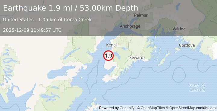 Earthquake 7 km SSW of Clam Gulch, Alaska (1.9 ml) (2025-12-09 11:49:57 UTC)
