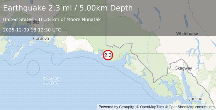 Earthquake 110 km N of Yakutat, Alaska (2.5 ml) (2025-12-09 18:12:29 UTC)