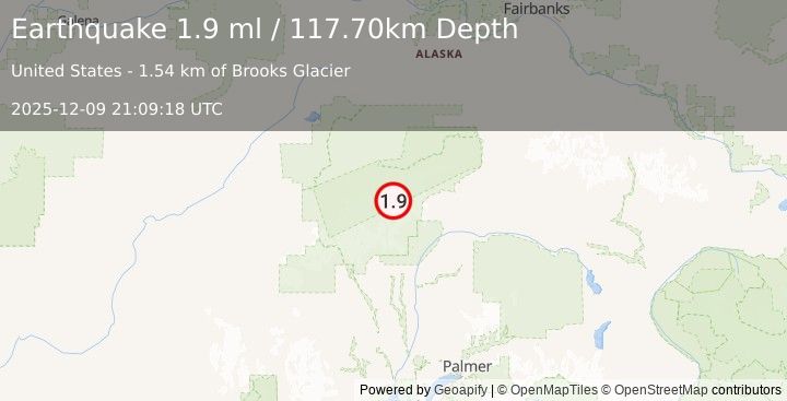 Earthquake 72 km SE of Denali National Park, Alaska (1.9 ml) (2025-12-09 21:09:18 UTC)