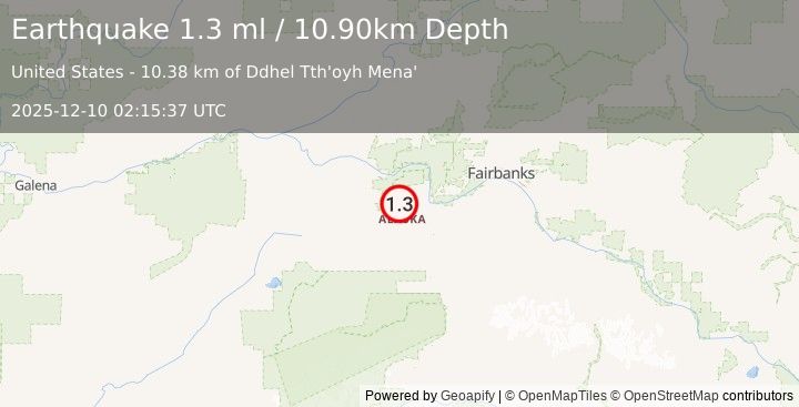 Earthquake 28 km W of Four Mile Road, Alaska (1.3 ml) (2025-12-10 02:15:38 UTC)