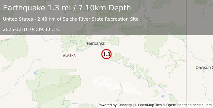 Earthquake 3 km S of Salcha, Alaska (1.3 ml) (2025-12-10 04:09:30 UTC)