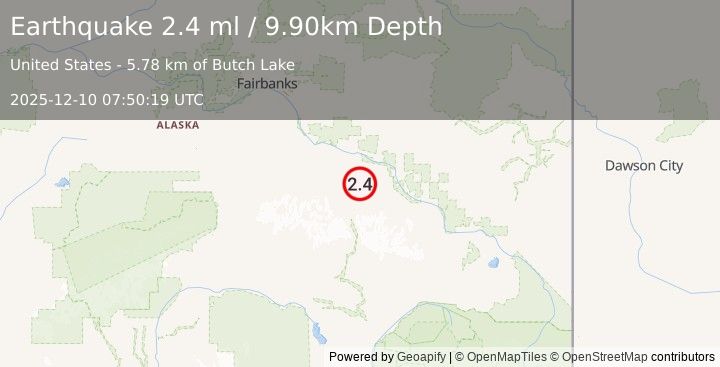 Earthquake 8 km SW of Fort Greely, Alaska (2.4 ml) (2025-12-10 07:50:19 UTC)