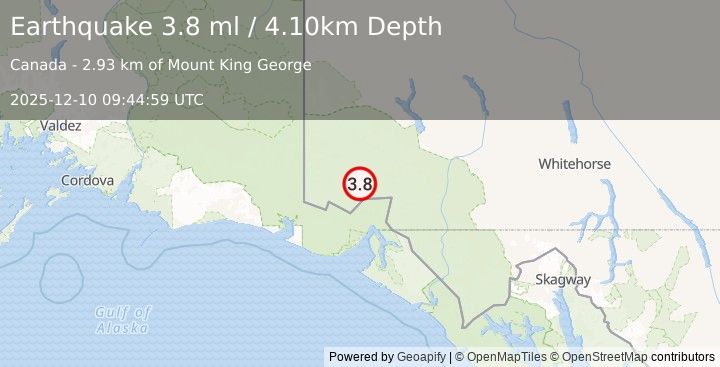 Earthquake 106 km N of Yakutat, Alaska (3.8 ml) (2025-12-10 09:44:59 UTC)