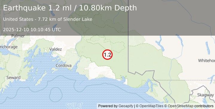 Earthquake 59 km SSE of McCarthy, Alaska (1.2 ml) (2025-12-10 10:10:45 UTC)