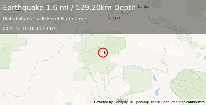 Earthquake 64 km ESE of Denali National Park, Alaska (1.6 ml) (2025-12-10 10:11:53 UTC)