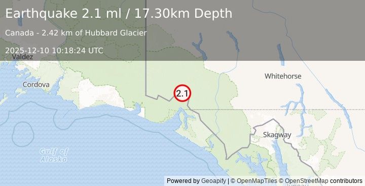 Earthquake 92 km N of Yakutat, Alaska (2.1 ml) (2025-12-10 10:18:24 UTC)