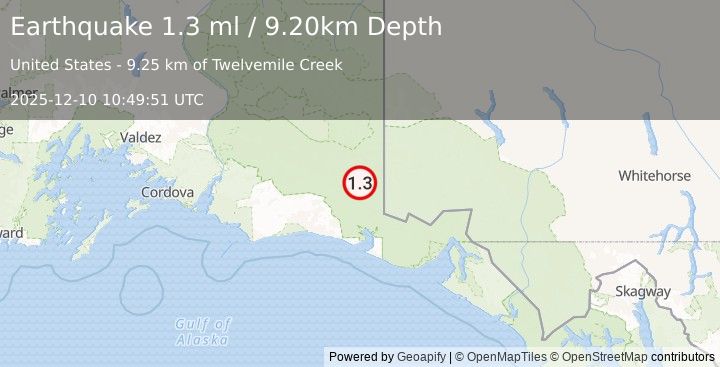Earthquake 116 km SE of McCarthy, Alaska (1.3 ml) (2025-12-10 10:49:51 UTC)