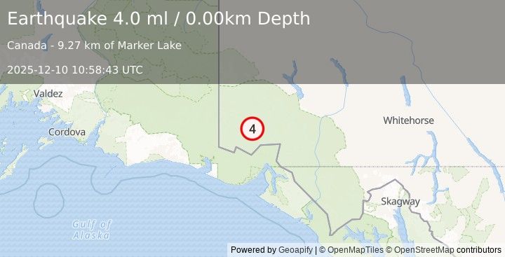 Earthquake 117 km N of Yakutat, Alaska (4.0 ml) (2025-12-10 10:58:43 UTC)