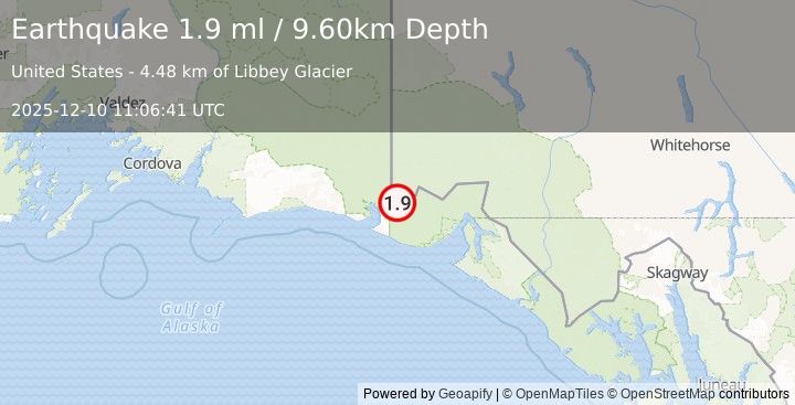 Earthquake 93 km NW of Yakutat, Alaska (1.9 ml) (2025-12-10 11:06:41 UTC)