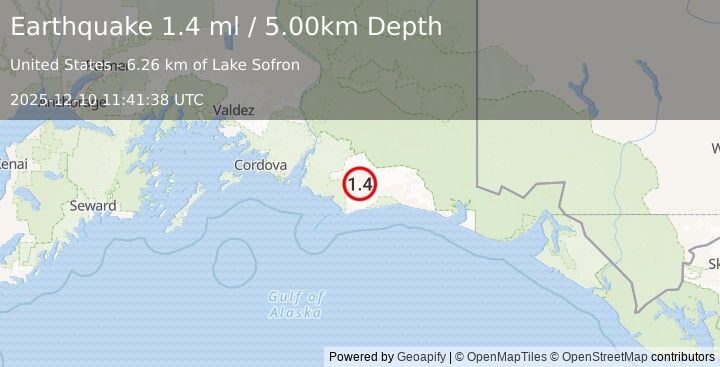 Earthquake 122 km ESE of Cordova, Alaska (1.4 ml) (2025-12-10 11:41:38 UTC)
