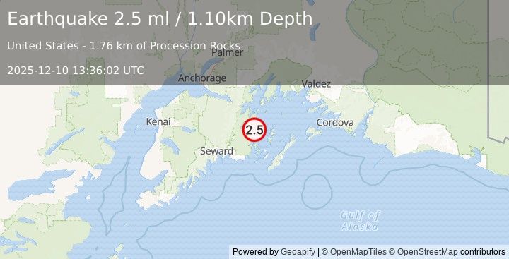 Earthquake 42 km NNW of Chenega, Alaska (2.5 ml) (2025-12-10 13:36:02 UTC)
