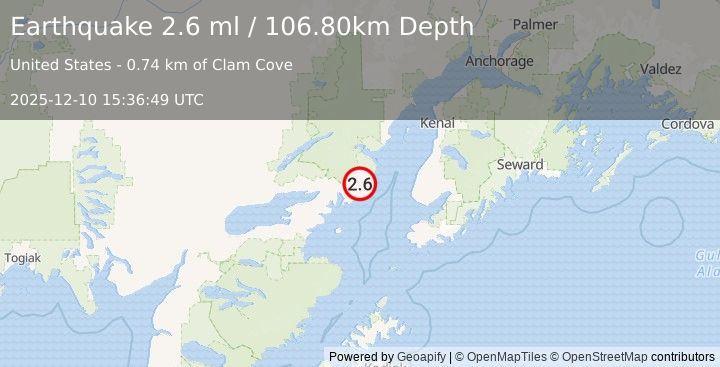 Earthquake 64 km W of Anchor Point, Alaska (2.6 ml) (2025-12-10 15:36:49 UTC)