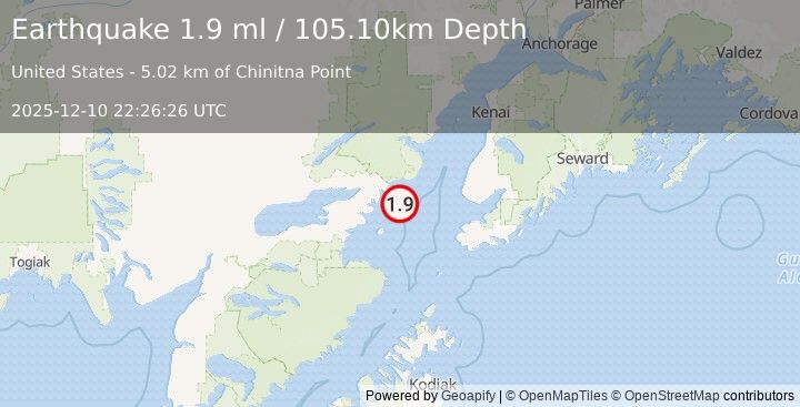 Earthquake 61 km ESE of Pedro Bay, Alaska (1.9 ml) (2025-12-10 22:26:26 UTC)