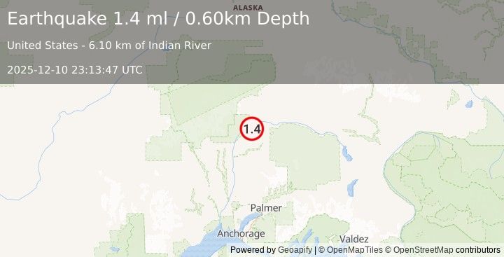 Earthquake 44 km NE of Chase, Alaska (1.4 ml) (2025-12-10 23:13:47 UTC)