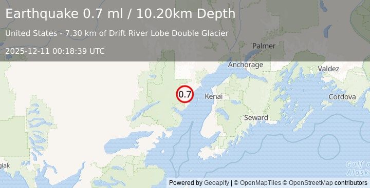 Earthquake 63 km W of Salamatof, Alaska (0.7 ml) (2025-12-11 00:18:39 UTC)