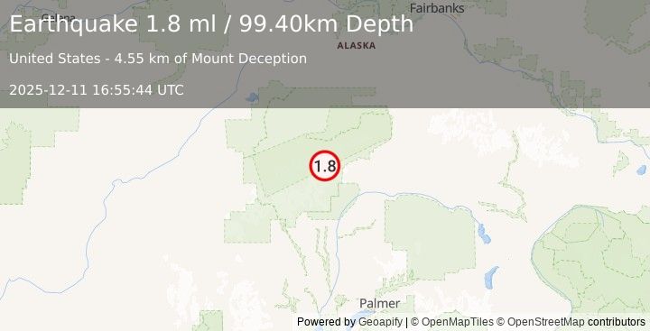 Earthquake 75 km NNE of Petersville, Alaska (1.8 ml) (2025-12-11 16:55:44 UTC)