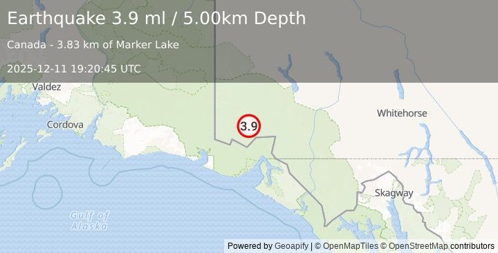Earthquake 107 km N of Yakutat, Alaska (3.9 ml) (2025-12-11 19:20:45 UTC)