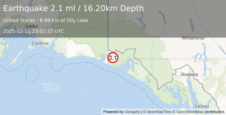 Earthquake 76 km NW of Yakutat, Alaska (2.1 ml) (2025-12-11 23:02:37 UTC)