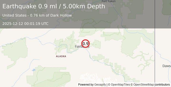 Earthquake 9 km E of Fox, Alaska (0.9 ml) (2025-12-12 00:01:19 UTC)