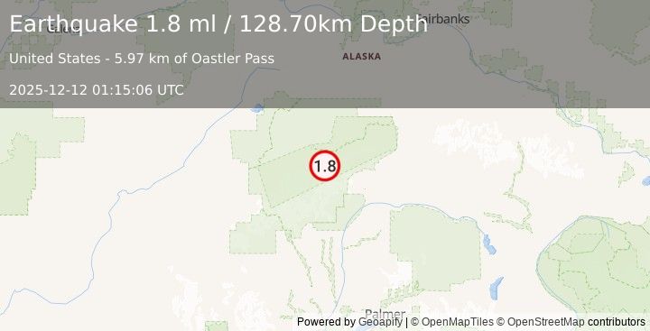 Earthquake 64 km ESE of Denali National Park, Alaska (1.8 ml) (2025-12-12 01:15:06 UTC)