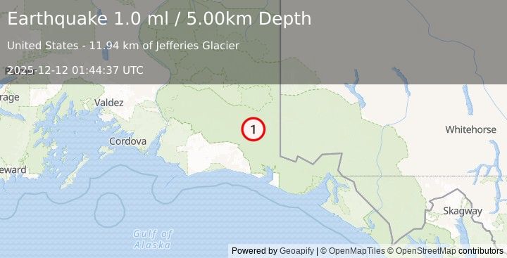 Earthquake 98 km SE of McCarthy, Alaska (1.0 ml) (2025-12-12 01:44:37 UTC)