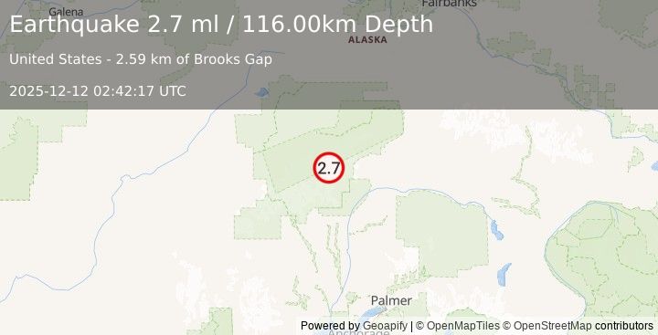 Earthquake 65 km N of Petersville, Alaska (2.7 ml) (2025-12-12 02:42:17 UTC)