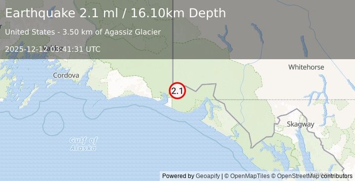Earthquake 94 km NW of Yakutat, Alaska (2.1 ml) (2025-12-12 03:41:31 UTC)