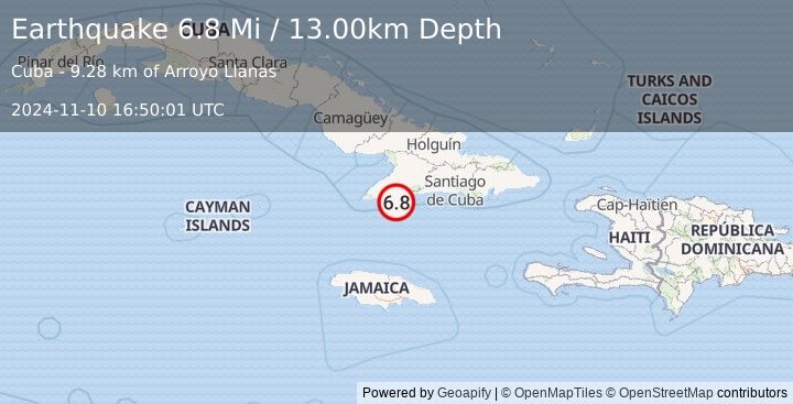 Earthquake 40 km S of Bartolomé Masó, Cuba (6.8 Mi) (2024-11-10 16:50:01 UTC)