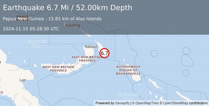 Earthquake 110 km ESE of Kokopo, Papua New Guinea (6.7 Mi) (2024-11-15 05:28:30 UTC)