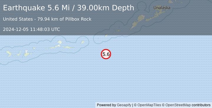 Earthquake 179 km SW of Nikolski, Alaska (5.6 Mi) (2024-12-05 11:48:03 UTC)