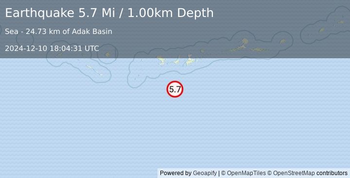 Earthquake 110 km SSW of Adak, Alaska (5.7 Mi) (2024-12-10 18:04:31 UTC)