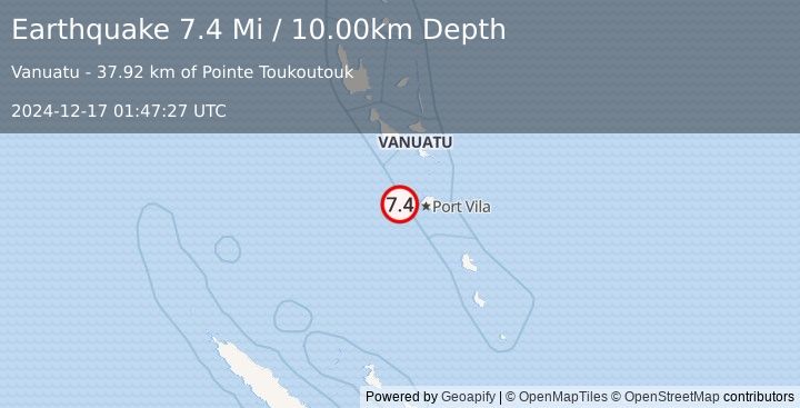 Earthquake 54 km W of Port-Vila, Vanuatu (7.4 Mi) (2024-12-17 01:47:27 UTC)