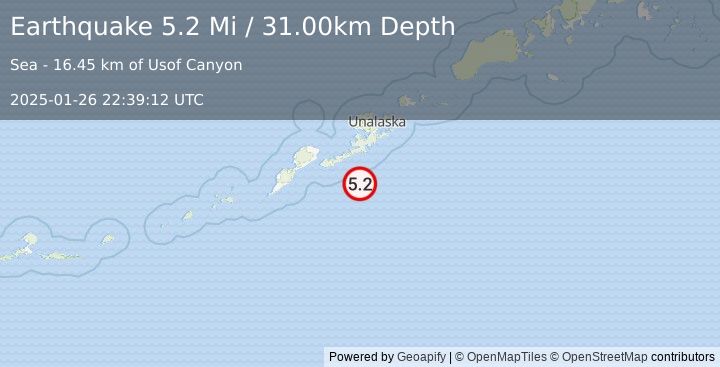 Earthquake 94 km SSW of Unalaska, Alaska (5.2 Mi) (2025-01-26 22:39:12 UTC)