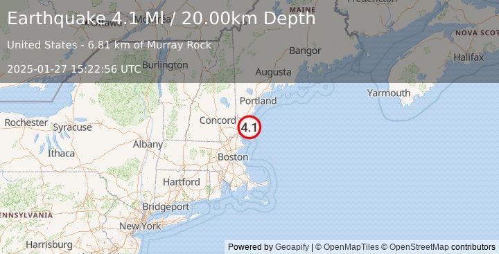 Earthquake 13 km SE of York Harbor, Maine (4.1 Ml) (2025-01-27 15:22:56 UTC)