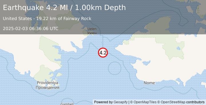 Earthquake 31 km S of Diomede, Alaska (4.2 Ml) (2025-02-03 06:36:06 UTC)