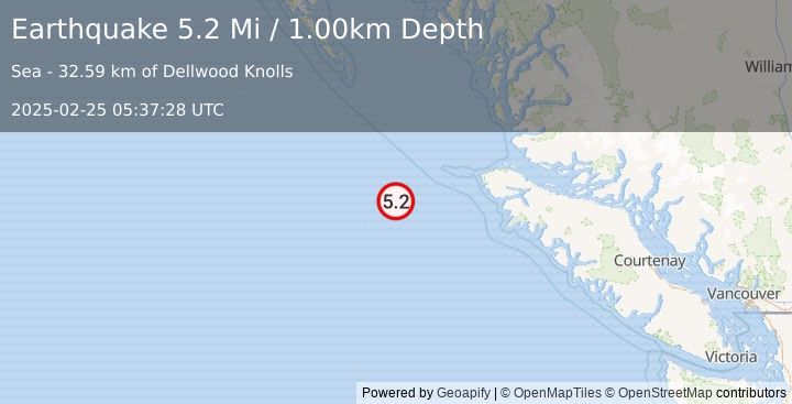 Earthquake 211 km W of Port McNeill, Canada (5.2 Mi) (2025-02-25 05:37:28 UTC)