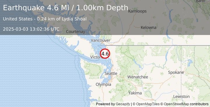 Earthquake 12 km E of Orcas, Washington (4.6 Ml) (2025-03-03 13:02:36 UTC)