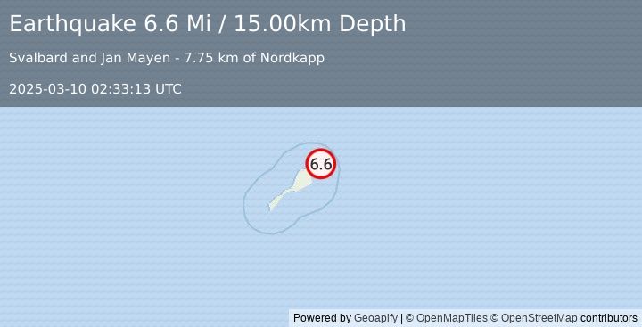 Earthquake 45 km NE of Olonkinbyen, Svalbard and Jan Mayen (6.6 Mi) (2025-03-10 02:33:13 UTC)