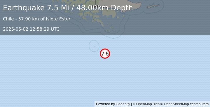 Earthquake 222 km S of Ushuaia, Argentina (7.5 Mi) (2025-05-02 12:58:29 UTC)