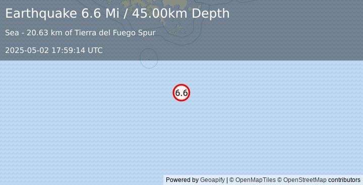 Earthquake 284 km SSE of Ushuaia, Argentina (6.6 Mi) (2025-05-02 17:59:14 UTC)