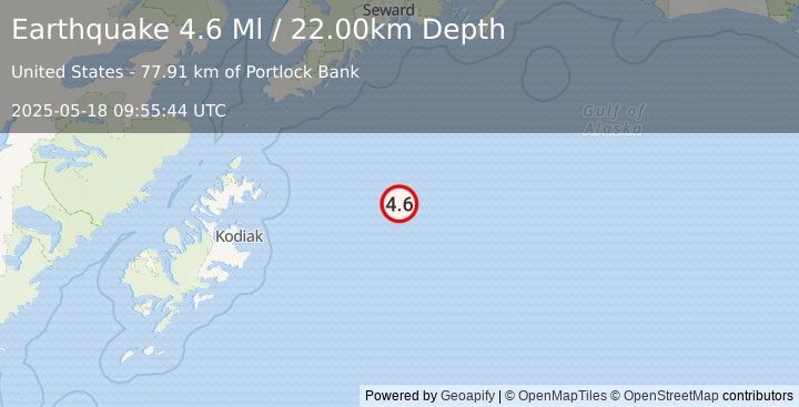 Earthquake 190 km ENE of Chiniak, Alaska (4.6 Ml) (2025-05-18 09:55:44 UTC)