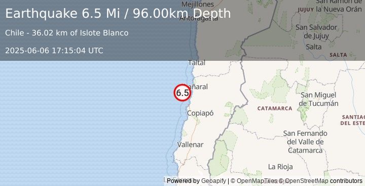 Earthquake 107 km WSW of Diego de Almagro, Chile (6.5 Mi) (2025-06-06 17:15:04 UTC)