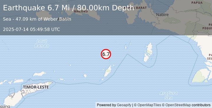 Earthquake 177 km WSW of Tual, Indonesia (6.7 Mi) (2025-07-14 05:49:58 UTC)