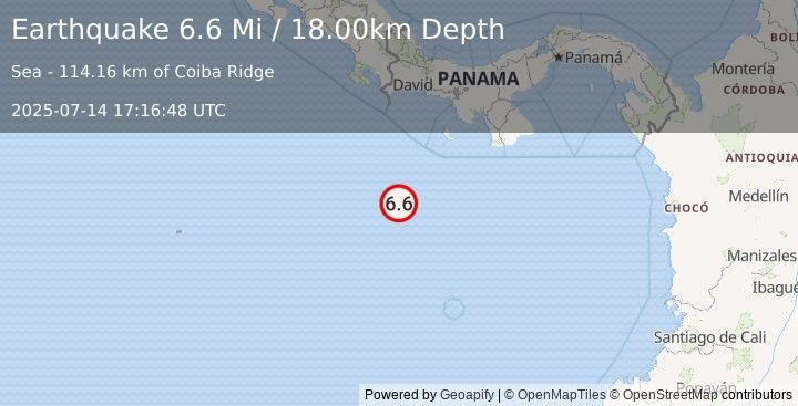 Earthquake 214 km S of Burica, Panama (6.6 Mi) (2025-07-14 17:16:48 UTC)