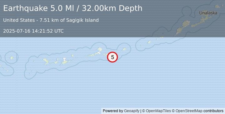 Earthquake 68 km ESE of Atka, Alaska (5.0 Ml) (2025-07-16 14:21:52 UTC)