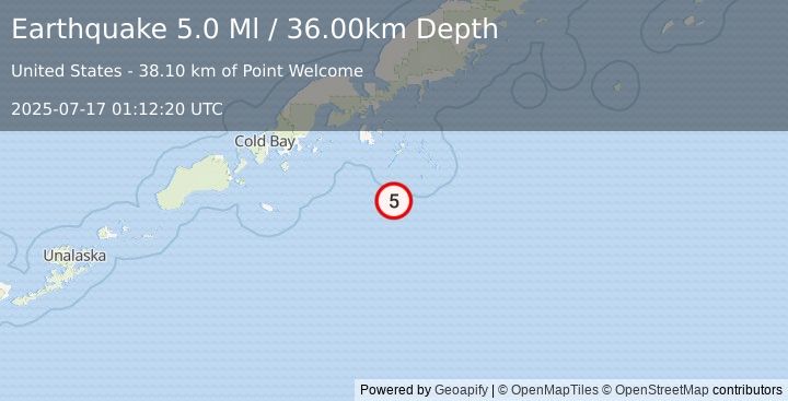 Earthquake 94 km SSE of Sand Point, Alaska (5.0 Ml) (2025-07-17 01:12:20 UTC)
