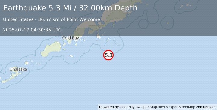 Earthquake 101 km SSE of Sand Point, Alaska (5.3 Mi) (2025-07-17 04:30:35 UTC)